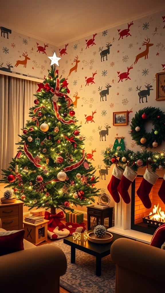 A festive living room with Christmas wallpaper, a decorated tree, and a warm fireplace.